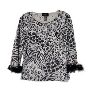 August Silk Women's Pullover Knit Top Large 100% Silk Black Faux Fur Cuffs